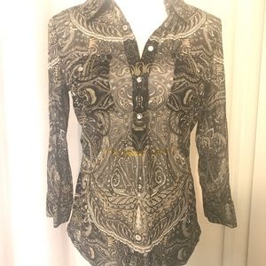 INC Black Paisley half button sheer blouse